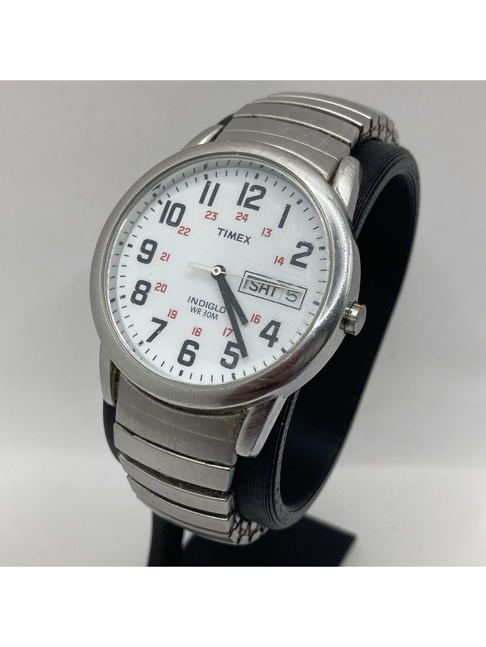 Men’s Timex Indiglo Silver Tone Expansion Band Stretch Watch White Dial Day Date